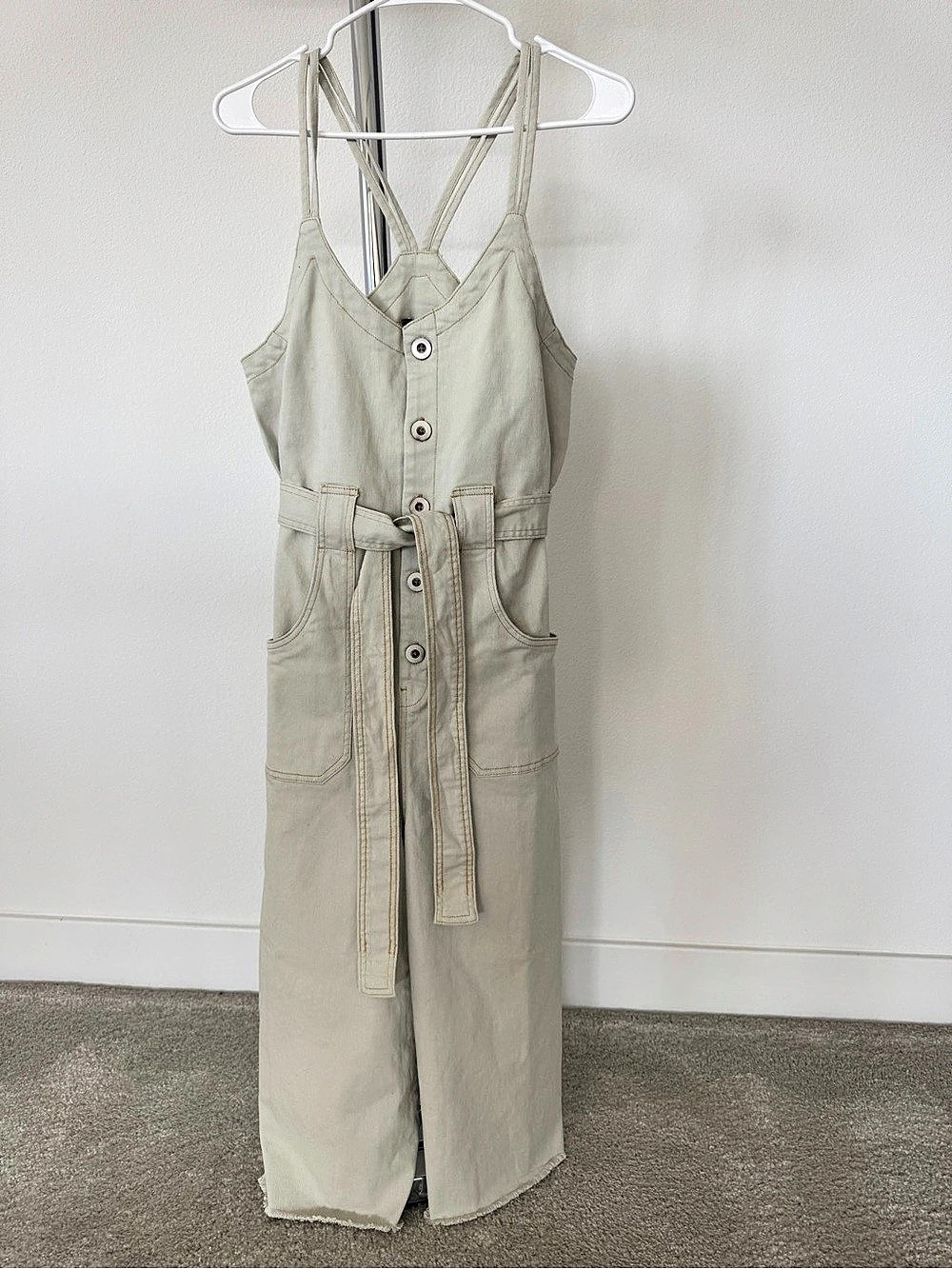 Papaya Wide Leg Soft Sage Denim Jumpsuit, One Size - New